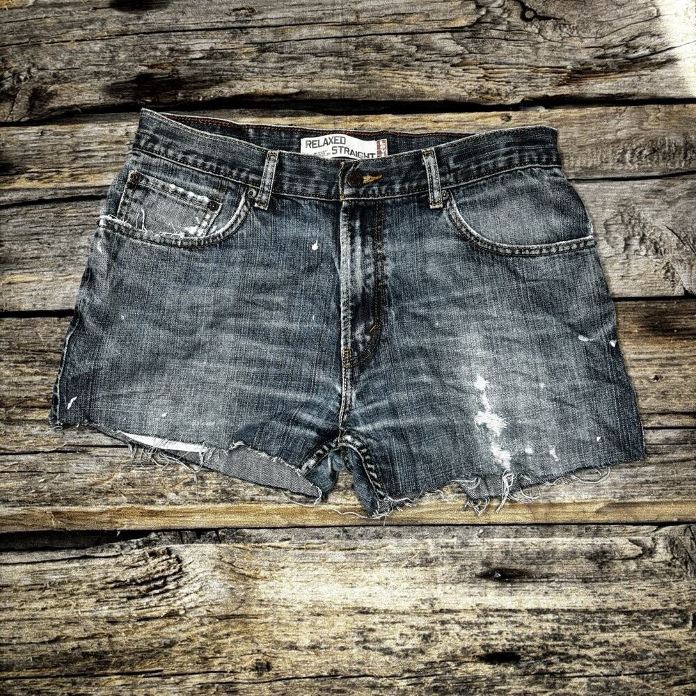 Levis 559 Womens Shorts Blue Relaxed Straight Denim Distressed Cut Offs Size 33